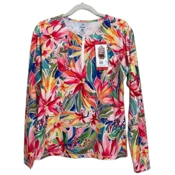 NEW HURLEY RASHGUARD TROPICAL LONG SLEEVE FLORAL SWIM SUP ZIP TOP M MEDIUM NWT - Picture 1 of 8